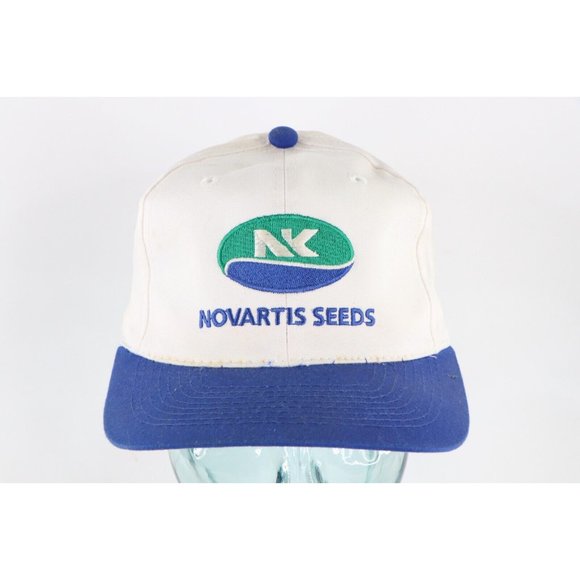 Vintage 90s Distressed Novartis Seeds Spell Out Snapback Hat White Adjustable